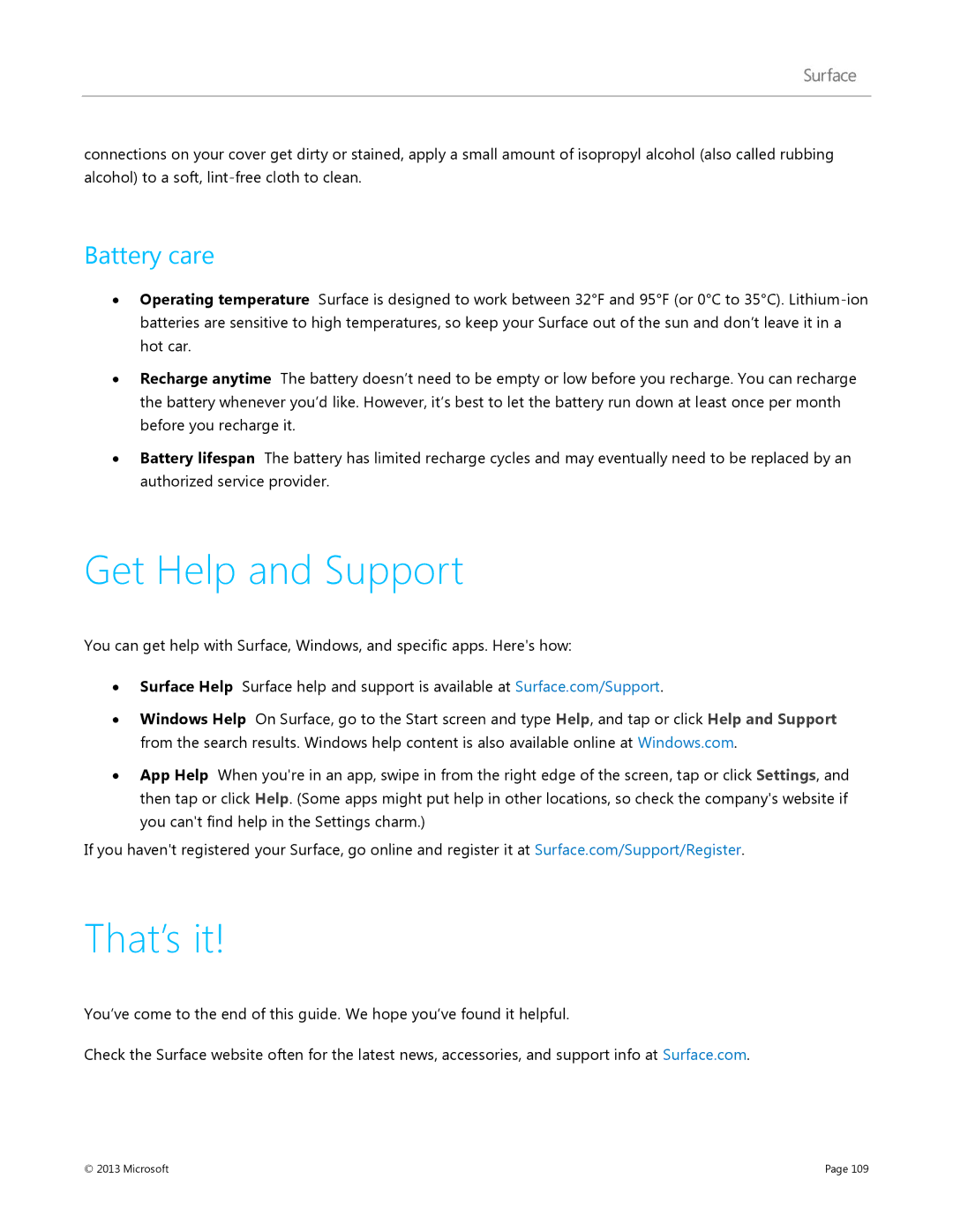 Microsoft Surface RT, 7XR-00001 manual Get Help and Support, That’s it, Battery care 