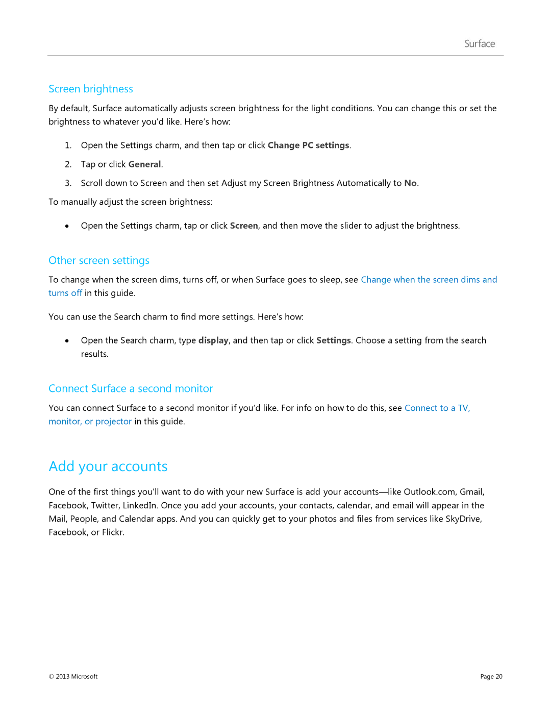 Microsoft 7XR-00001 manual Add your accounts, Screen brightness, Other screen settings, Connect Surface a second monitor 