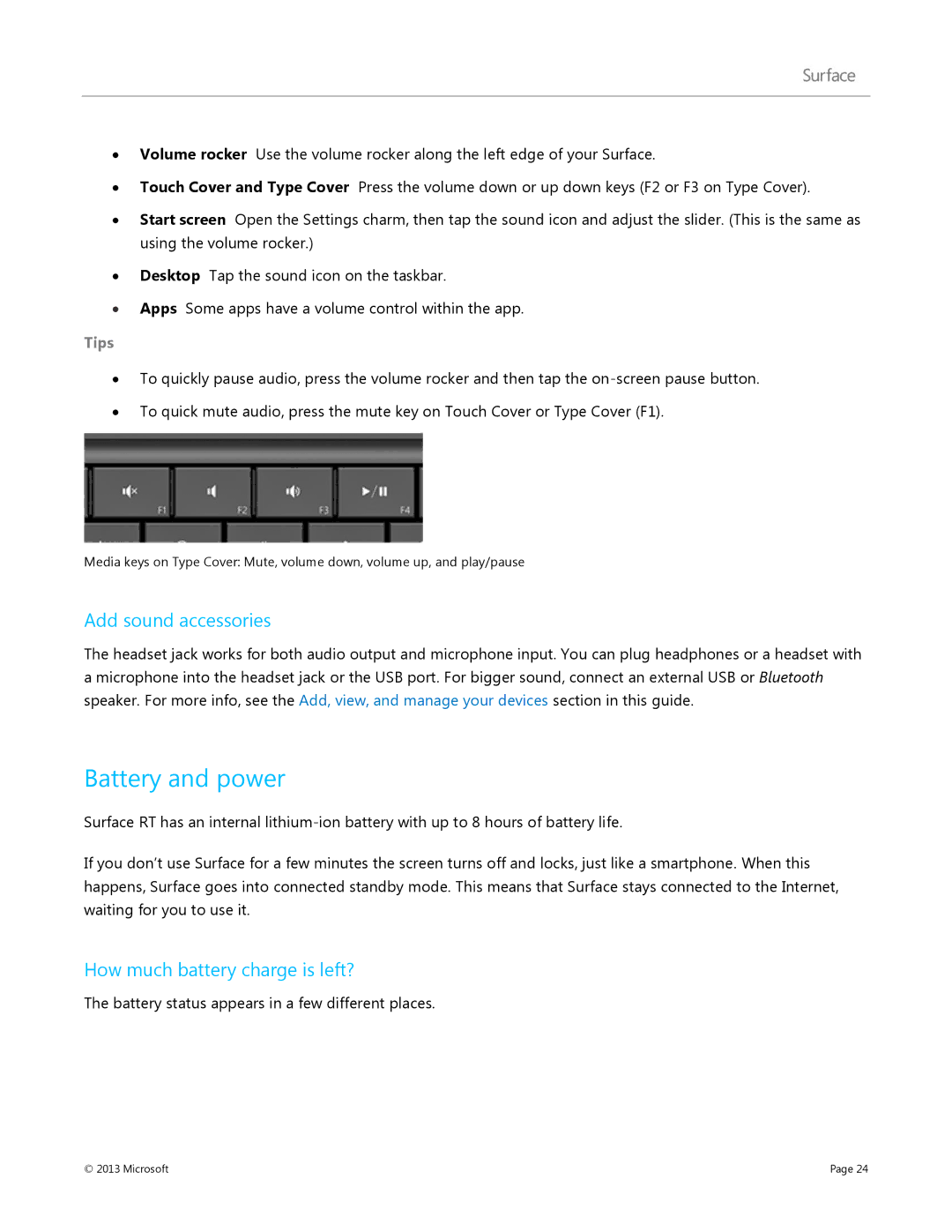 Microsoft 7XR-00001, Surface RT manual Battery and power, Add sound accessories, How much battery charge is left? 