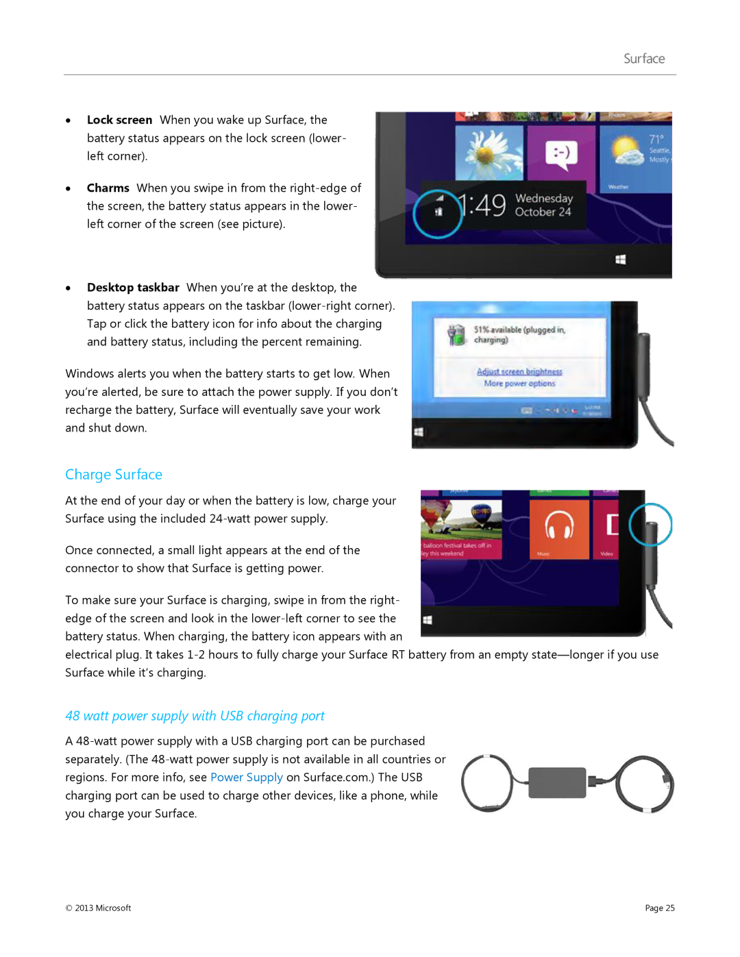 Microsoft Surface RT, 7XR-00001 manual Charge Surface, Watt power supply with USB charging port 