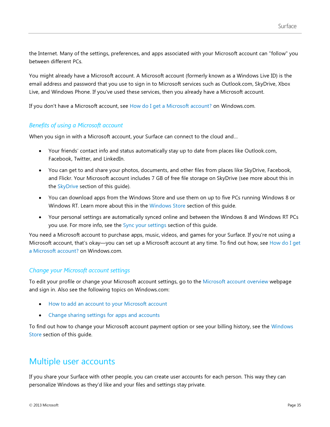 Microsoft Surface RT Multiple user accounts, Benefits of using a Microsoft account, Change your Microsoft account settings 