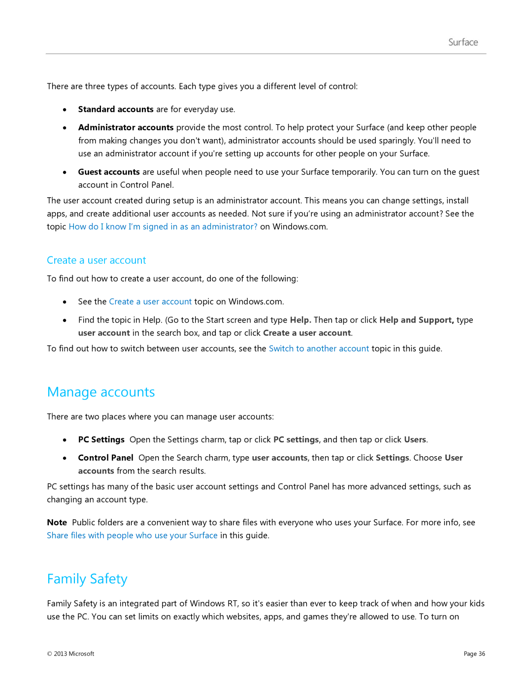 Microsoft 7XR-00001, Surface RT manual Manage accounts, Family Safety, Create a user account 