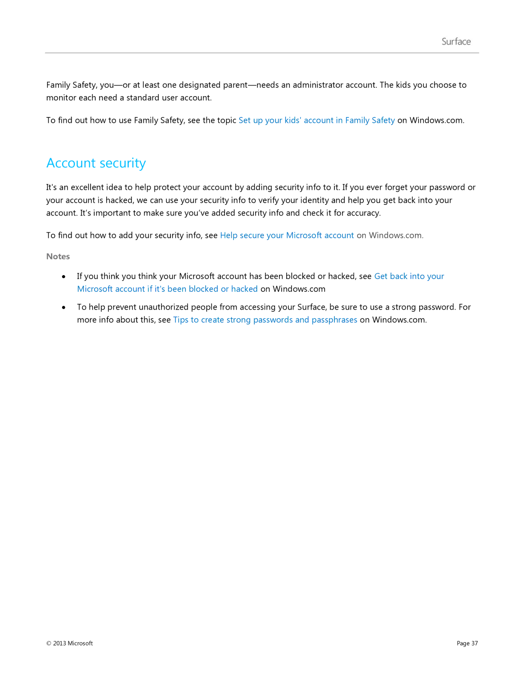 Microsoft Surface RT, 7XR-00001 manual Account security 