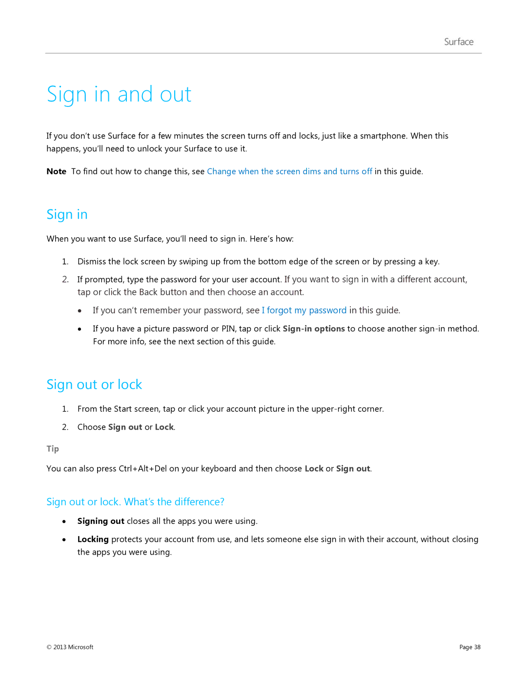 Microsoft 7XR-00001, Surface RT manual Sign in and out, Sign out or lock. What’s the difference? 