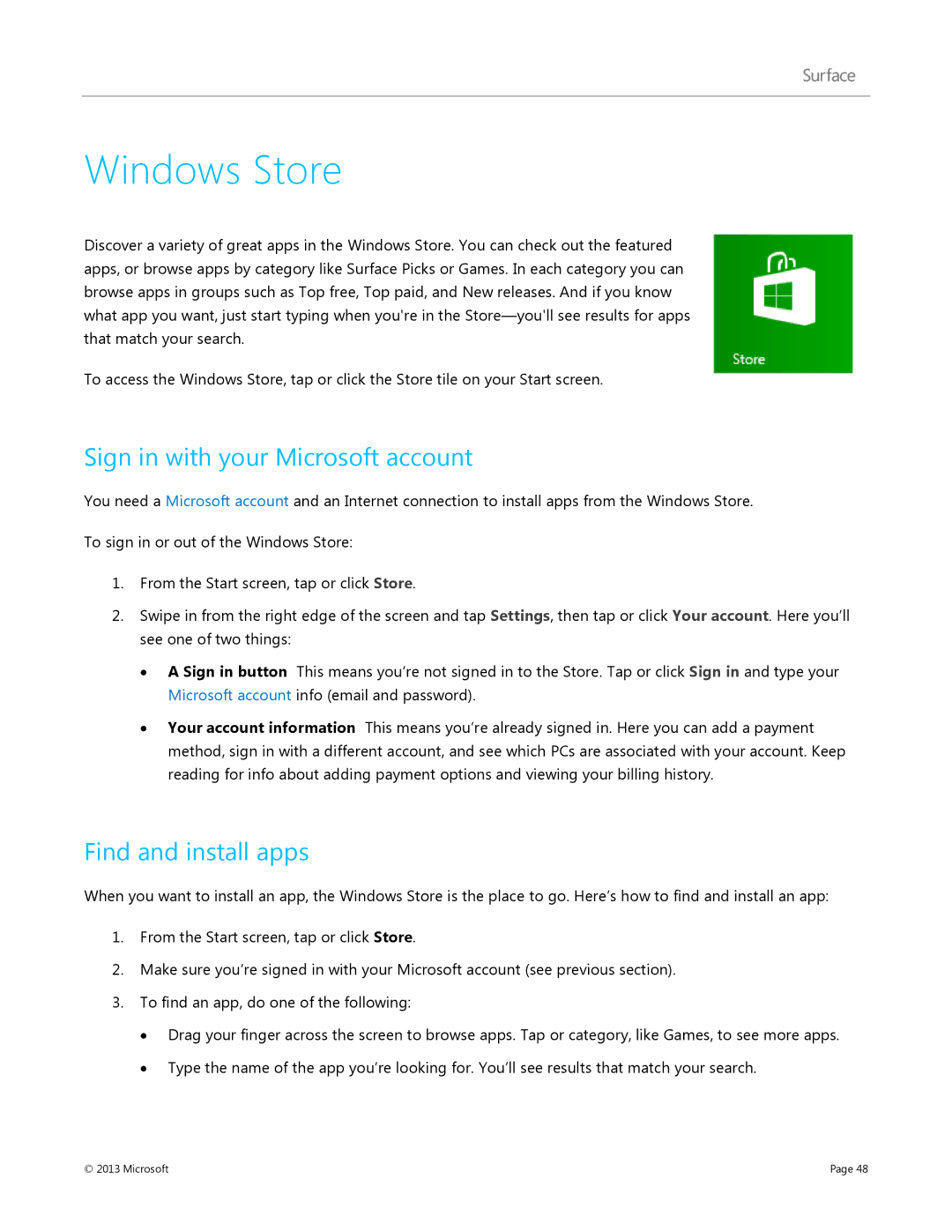 Microsoft 7XR-00001, Surface RT manual Windows Store, Sign in with your Microsoft account, Find and install apps 