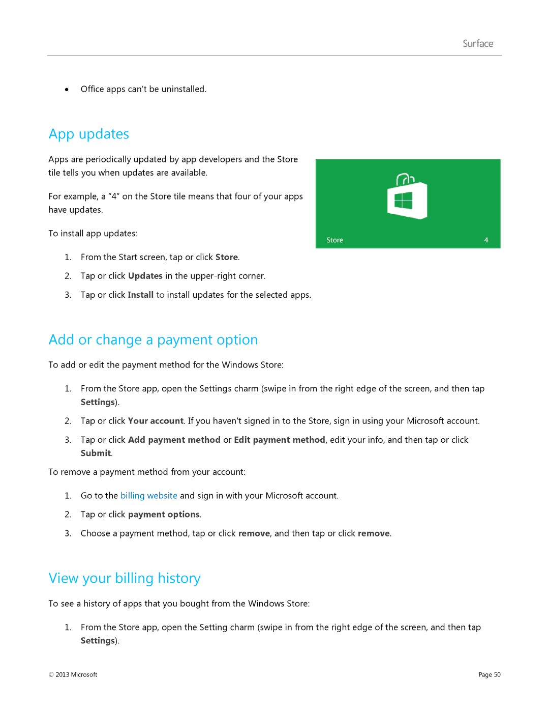 Microsoft 7XR-00001, Surface RT manual App updates, Add or change a payment option, View your billing history 