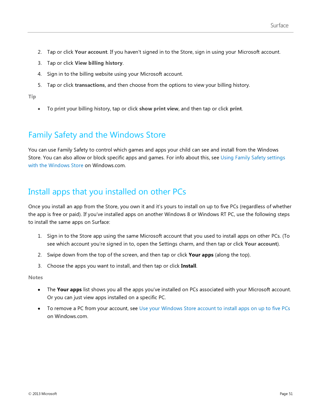 Microsoft Surface RT, 7XR-00001 manual Family Safety and the Windows Store, Install apps that you installed on other PCs 
