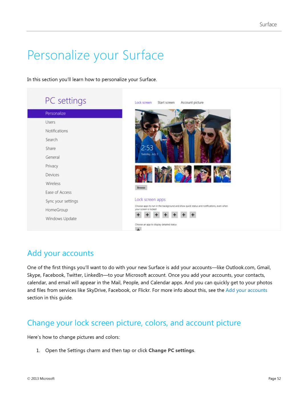 Microsoft 7XR-00001, Surface RT Personalize your Surface, Change your lock screen picture, colors, and account picture 