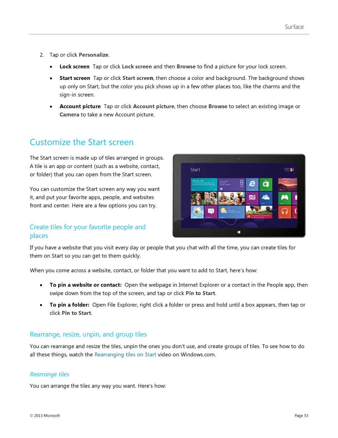 Microsoft Surface RT manual Customize the Start screen, Create tiles for your favorite people and places, Rearrange tiles 