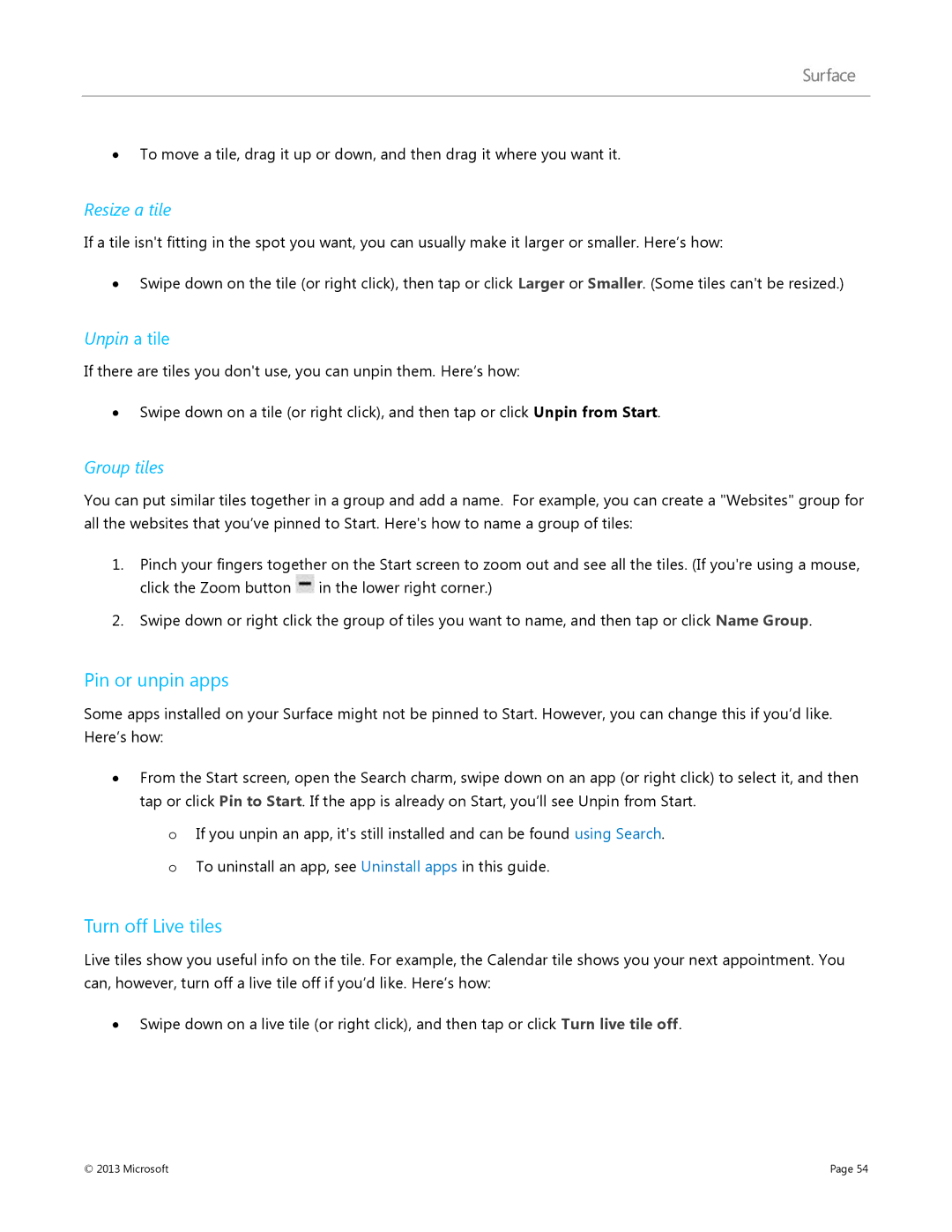 Microsoft 7XR-00001, Surface RT manual Pin or unpin apps, Turn off Live tiles, Resize a tile, Unpin a tile, Group tiles 