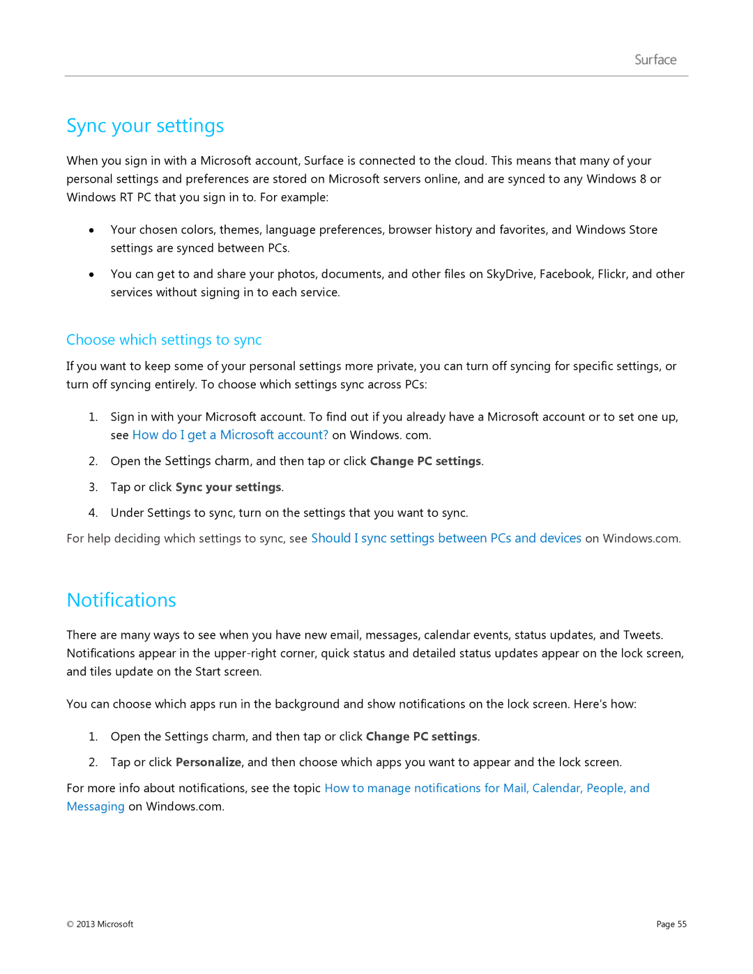 Microsoft Surface RT, 7XR-00001 manual Sync your settings, Notifications, Choose which settings to sync 