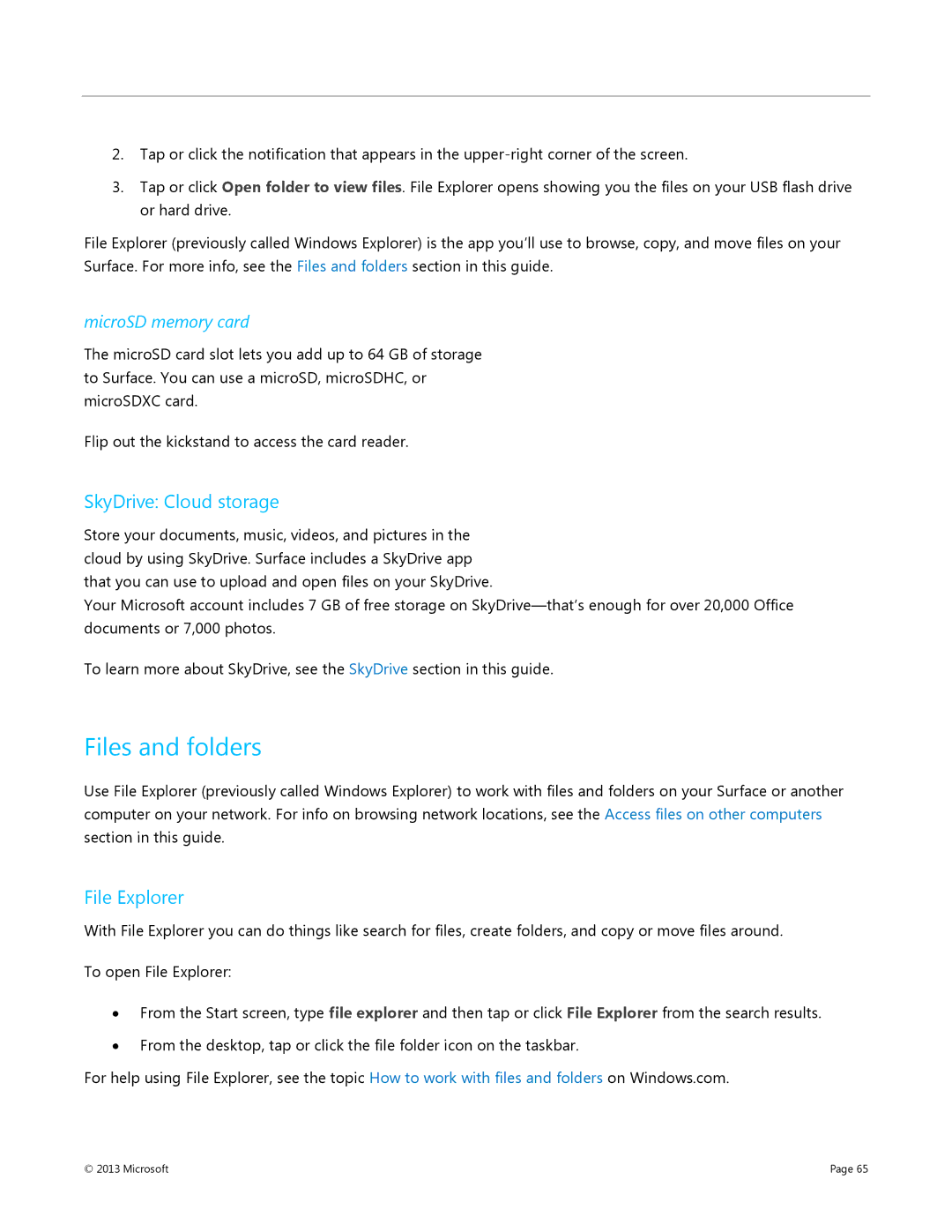 Microsoft Surface RT, 7XR-00001 manual Files and folders, SkyDrive Cloud storage, File Explorer, MicroSD memory card 