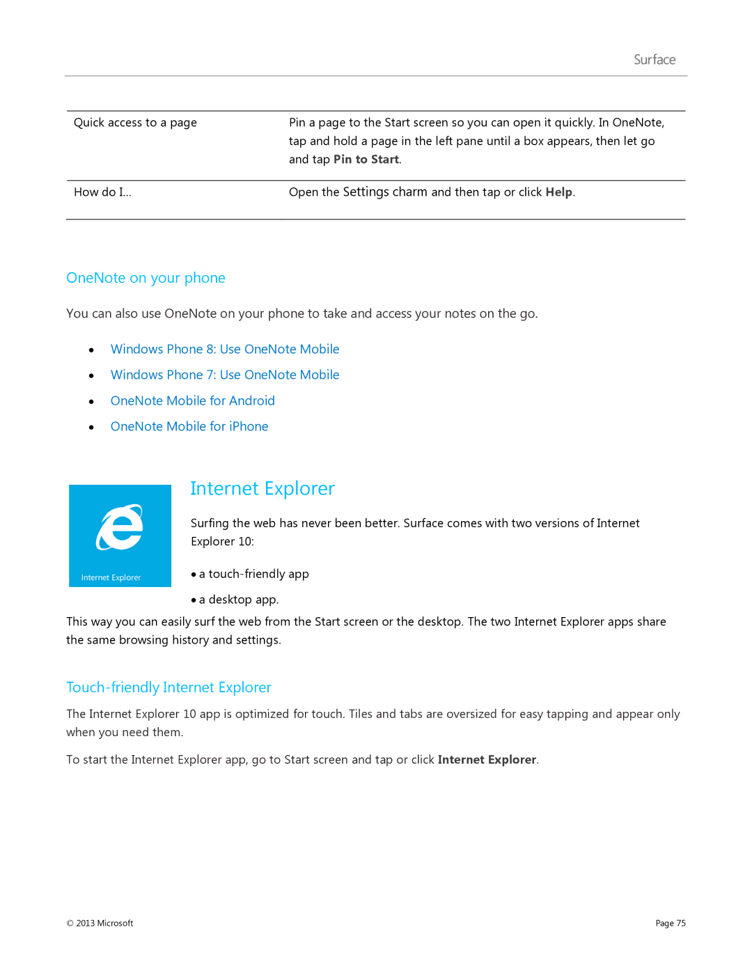 Microsoft Surface RT, 7XR-00001 manual OneNote on your phone, Touch-friendly Internet Explorer 