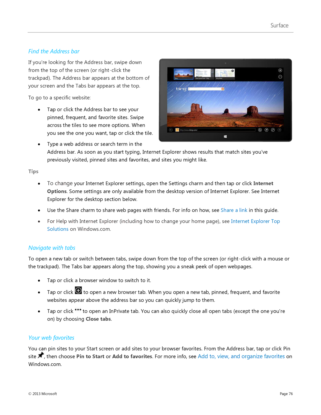 Microsoft 7XR-00001, Surface RT manual Find the Address bar, Navigate with tabs, Your web favorites 