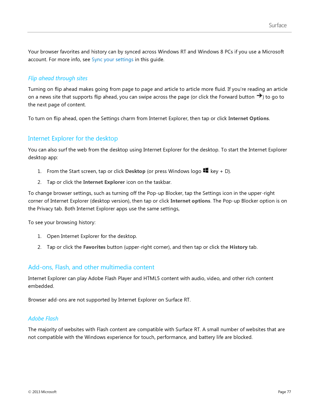 Microsoft Surface RT manual Internet Explorer for the desktop, Add-ons, Flash, and other multimedia content, Adobe Flash 