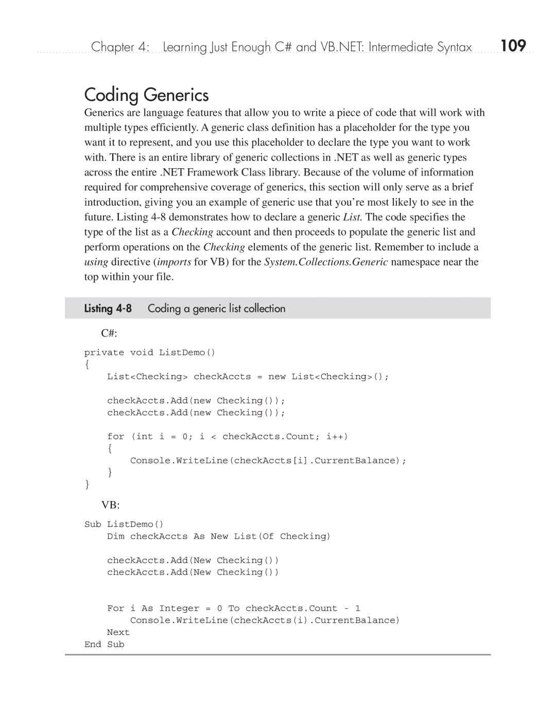 Microsoft 9GD00001 manual Coding Generics, 109, Listing 4-8 Coding a generic list collection 