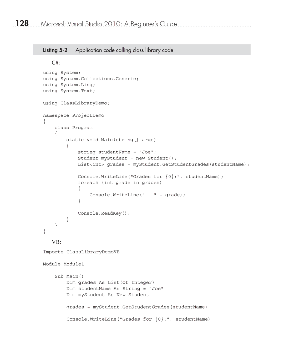 Microsoft 9GD00001 manual Listing 5-2 Application code calling class library code 