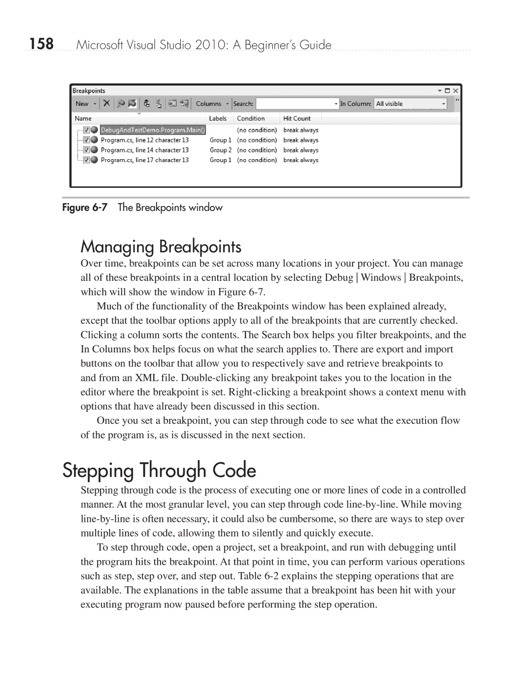 Microsoft 9GD00001 manual Stepping Through Code, Managing Breakpoints 