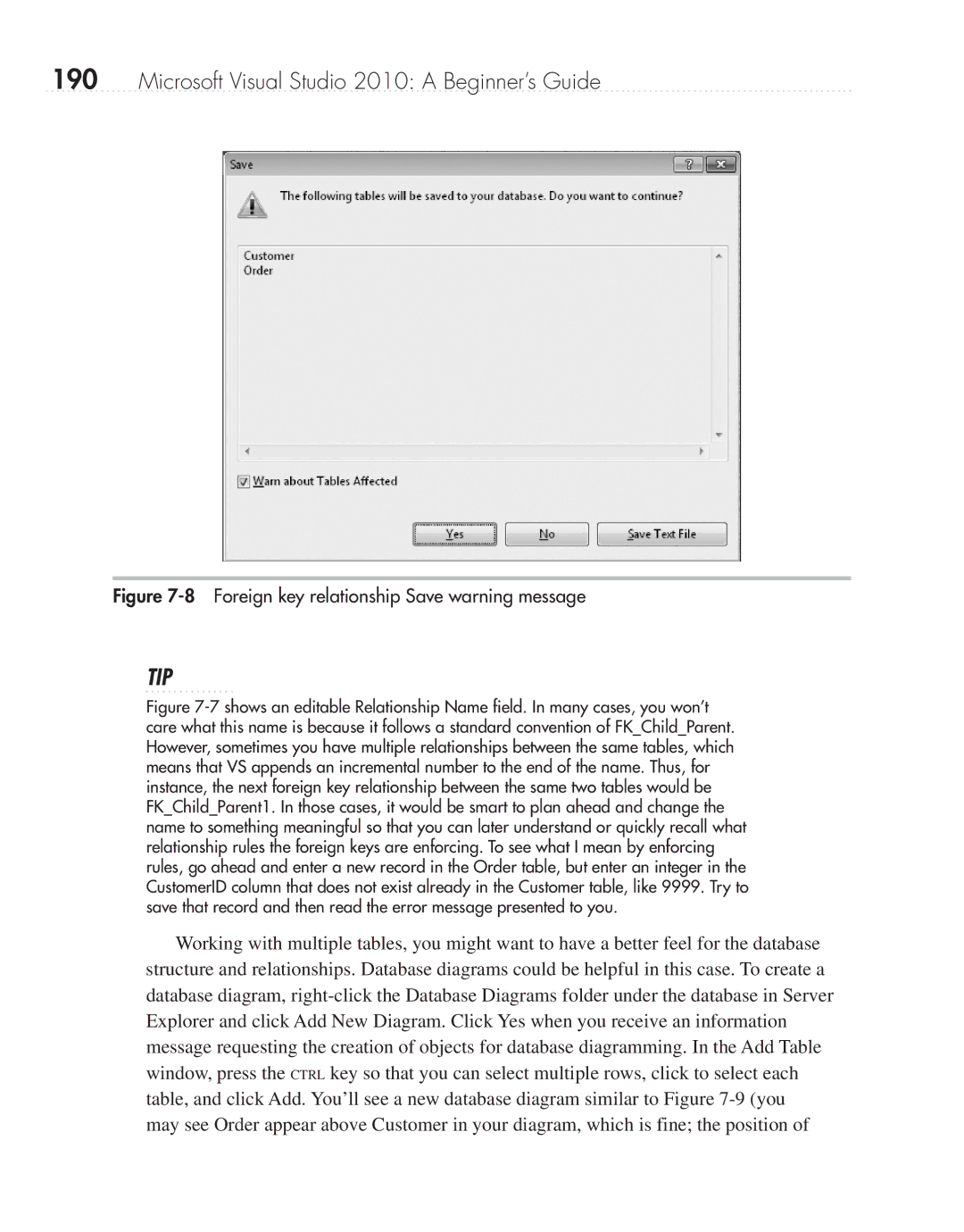 Microsoft 9GD00001 manual Foreign key relationship Save warning message 