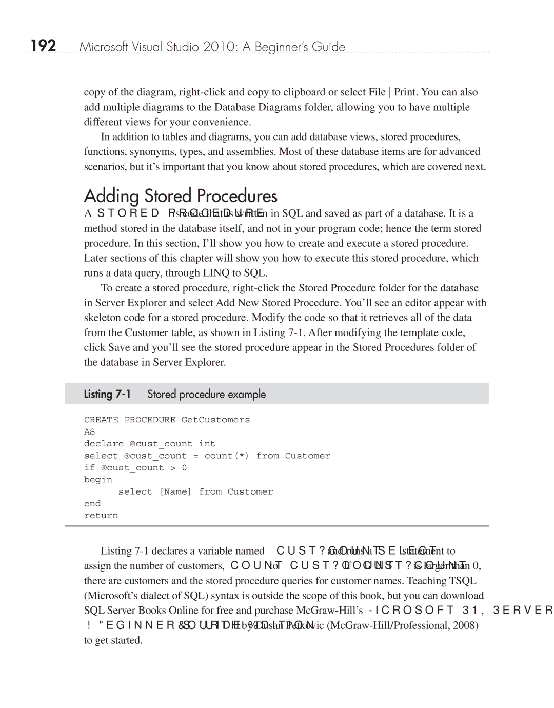 Microsoft 9GD00001 manual Adding Stored Procedures, Listing 7-1 Stored procedure example 