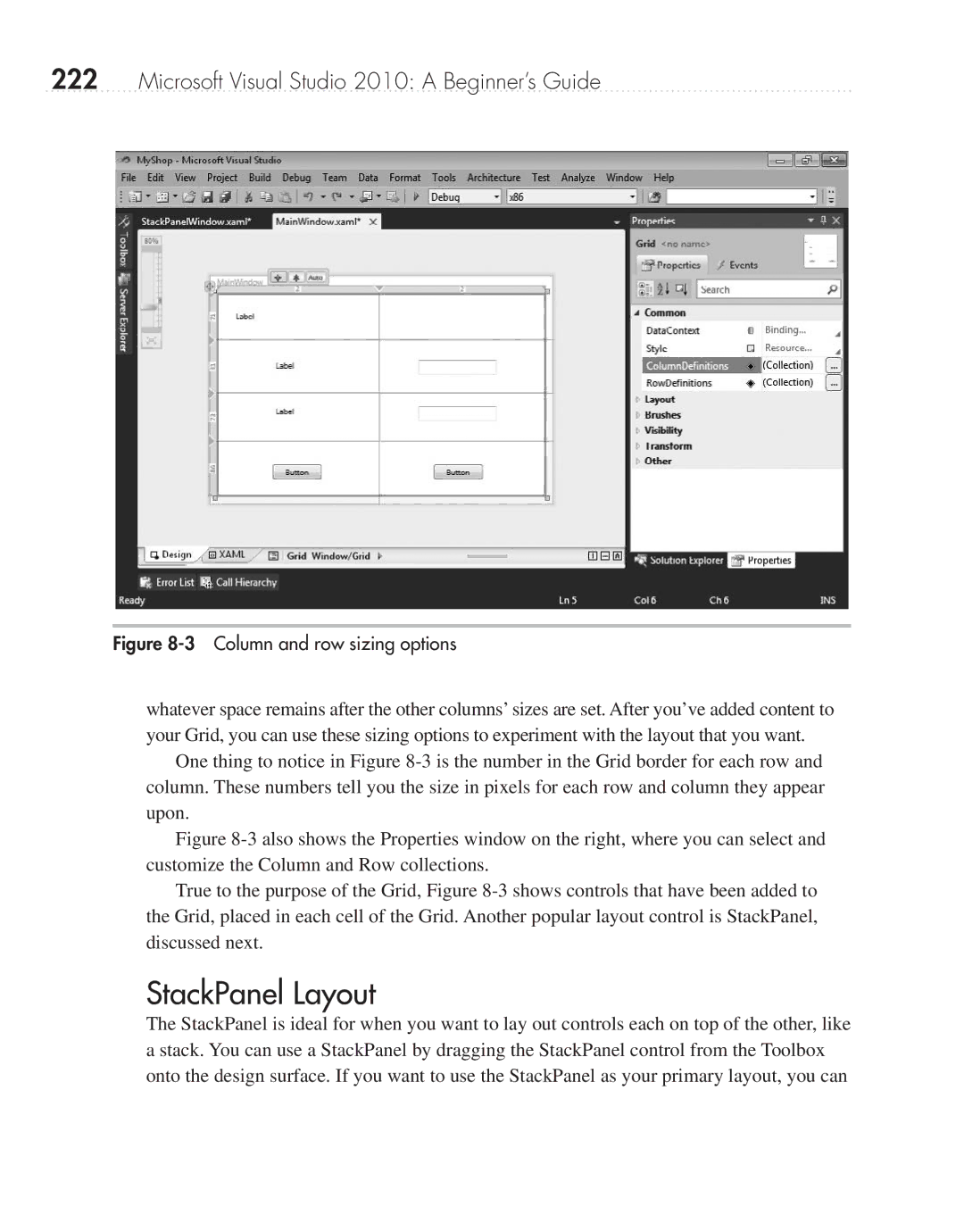 Microsoft 9GD00001 manual StackPanel Layout, Column and row sizing options 