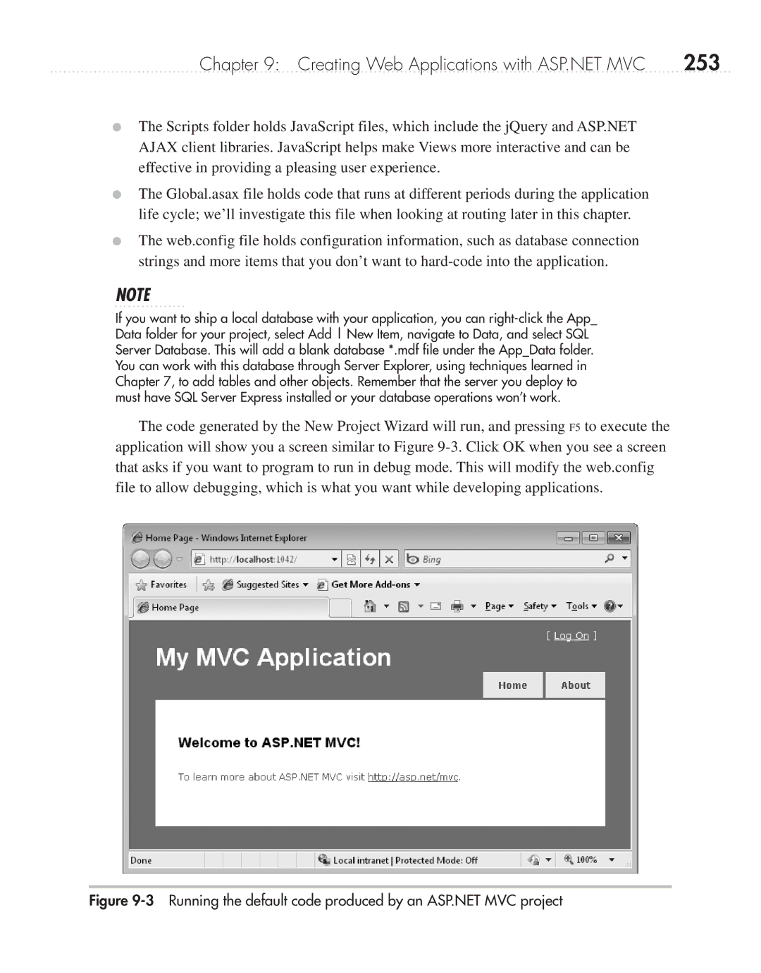 Microsoft 9GD00001 manual 253, Running the default code produced by an ASP.NET MVC project 