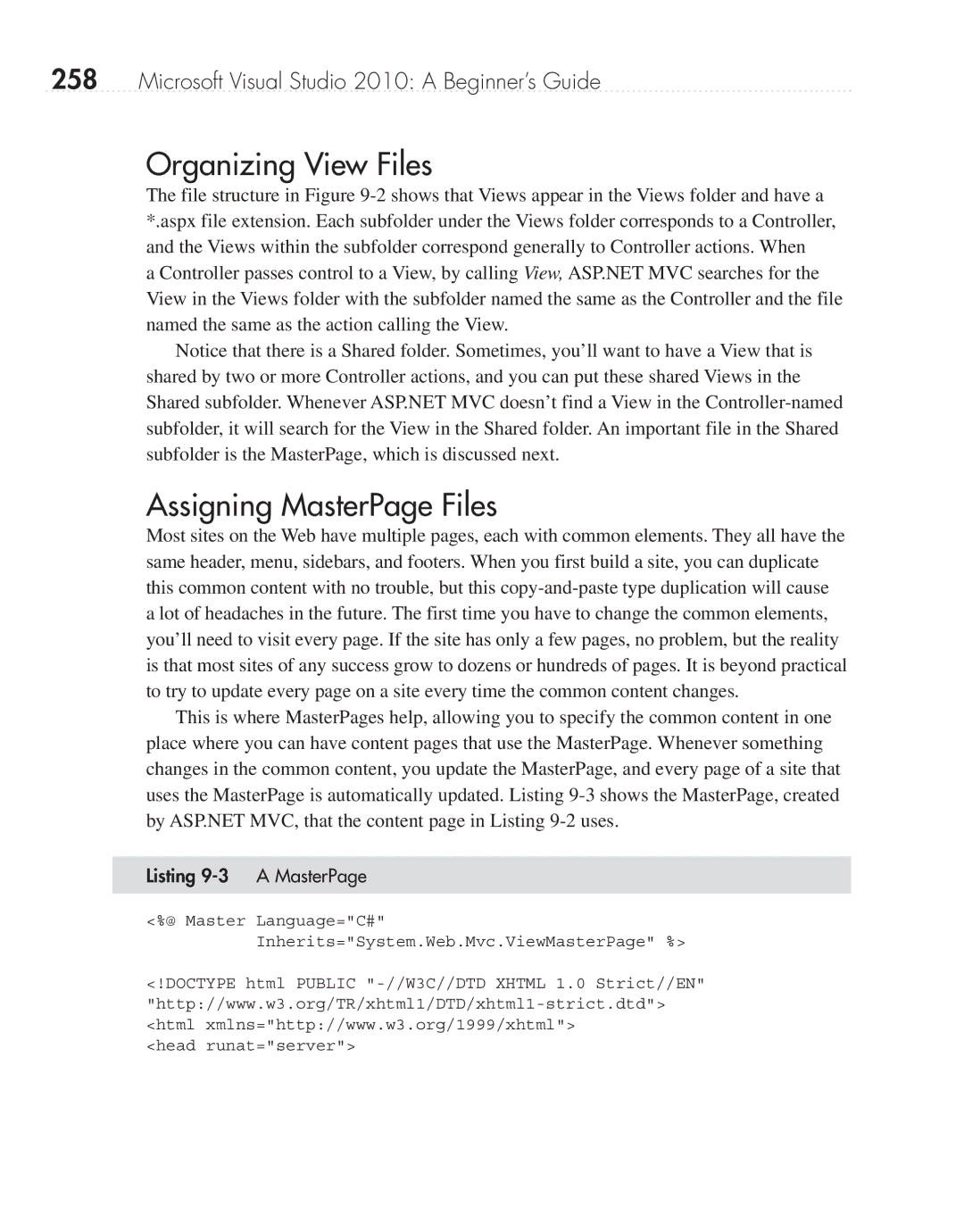 Microsoft 9GD00001 manual Organizing View Files, Assigning MasterPage Files, Listing 9-3 a MasterPage 