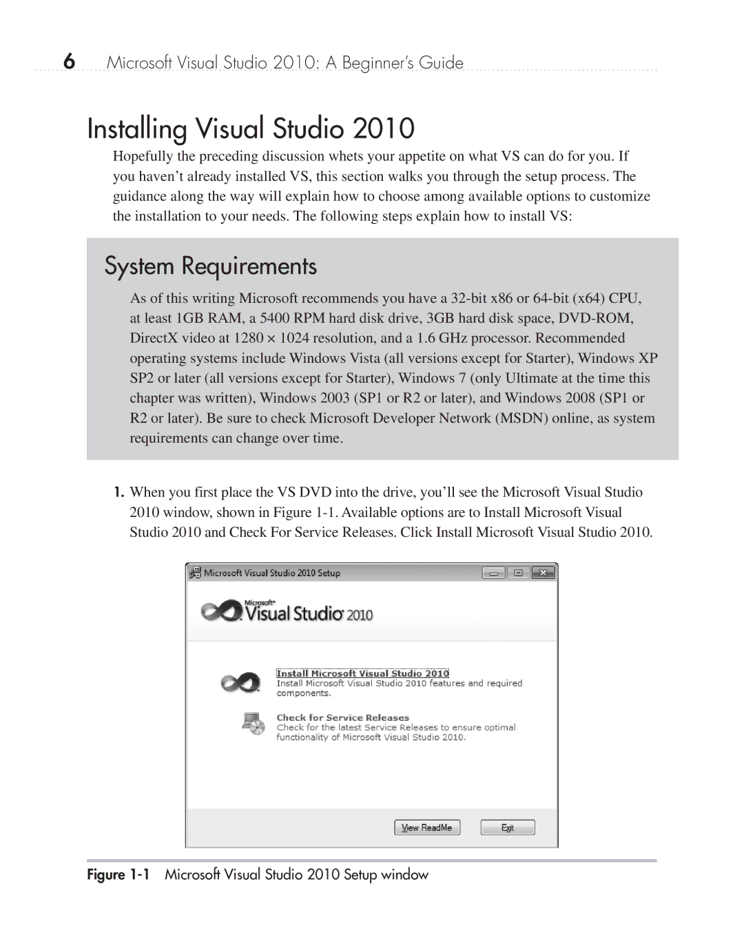 Microsoft 9GD00001 manual Installing Visual Studio, Microsoft Visual Studio 2010 Setup window 