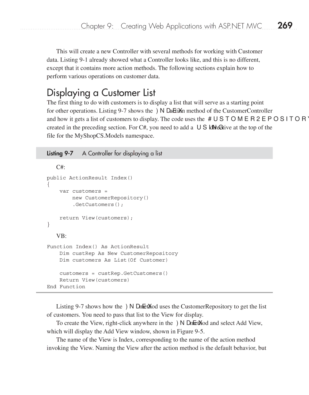 Microsoft 9GD00001 manual Displaying a Customer List, 269, Listing 9-7 a Controller for displaying a list 