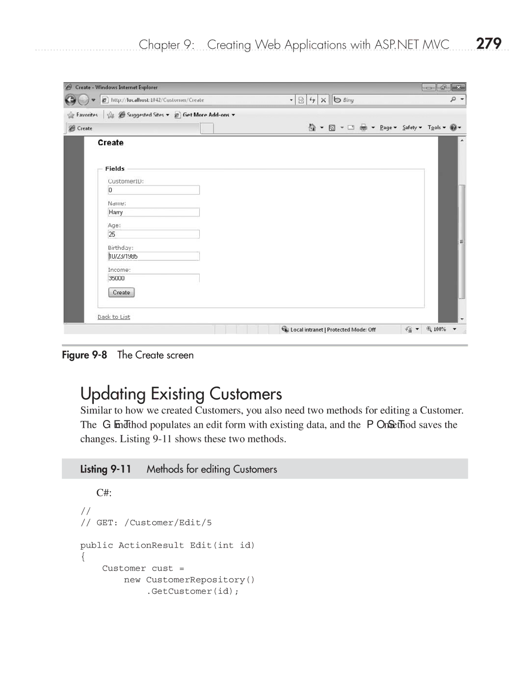 Microsoft 9GD00001 manual Updating Existing Customers, 279, Listing 9-11 Methods for editing Customers 