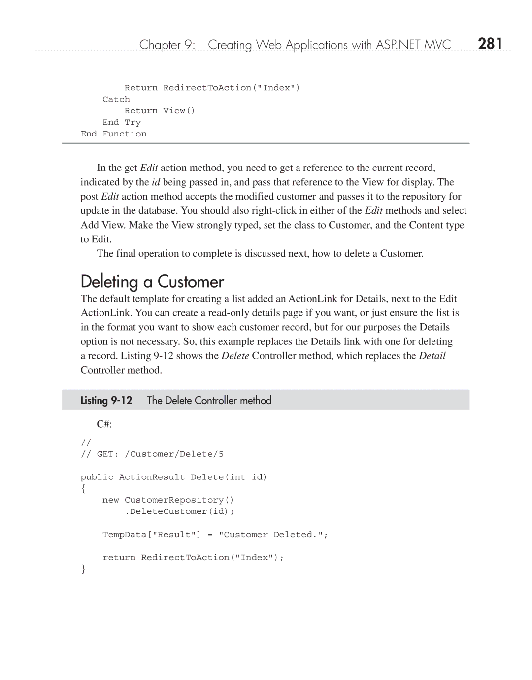 Microsoft 9GD00001 manual Deleting a Customer, 281, Listing 9-12 The Delete Controller method 