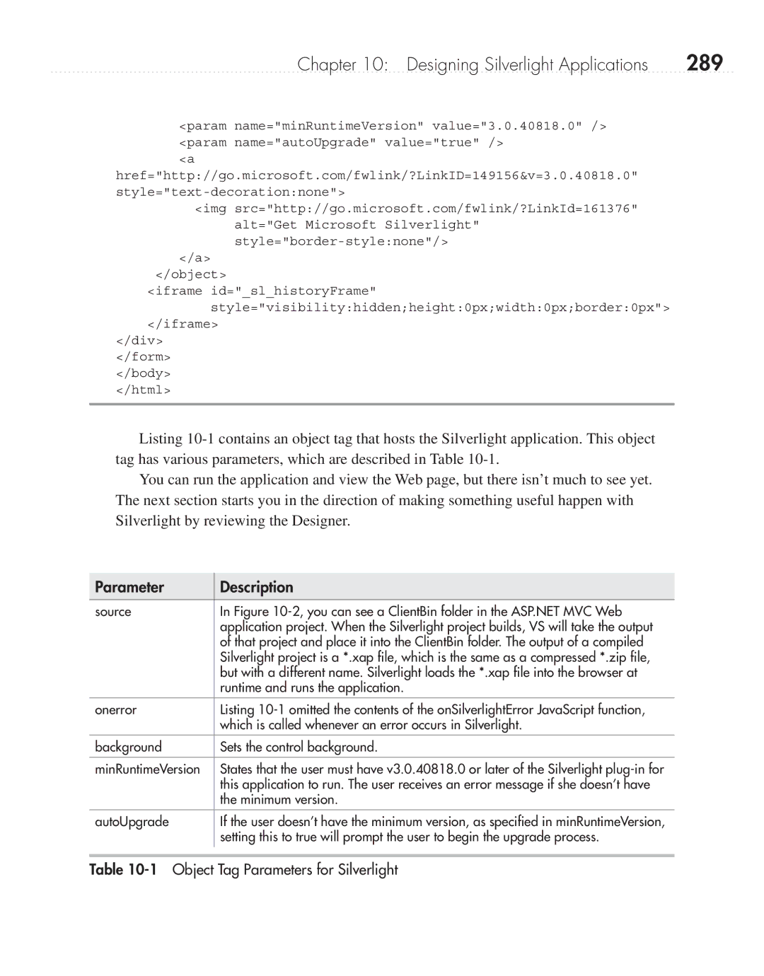 Microsoft 9GD00001 manual 289, Object Tag Parameters for Silverlight 