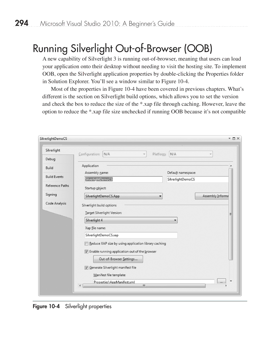 Microsoft 9GD00001 manual Running Silverlight Out-of-Browser OOB, Silverlight properties 