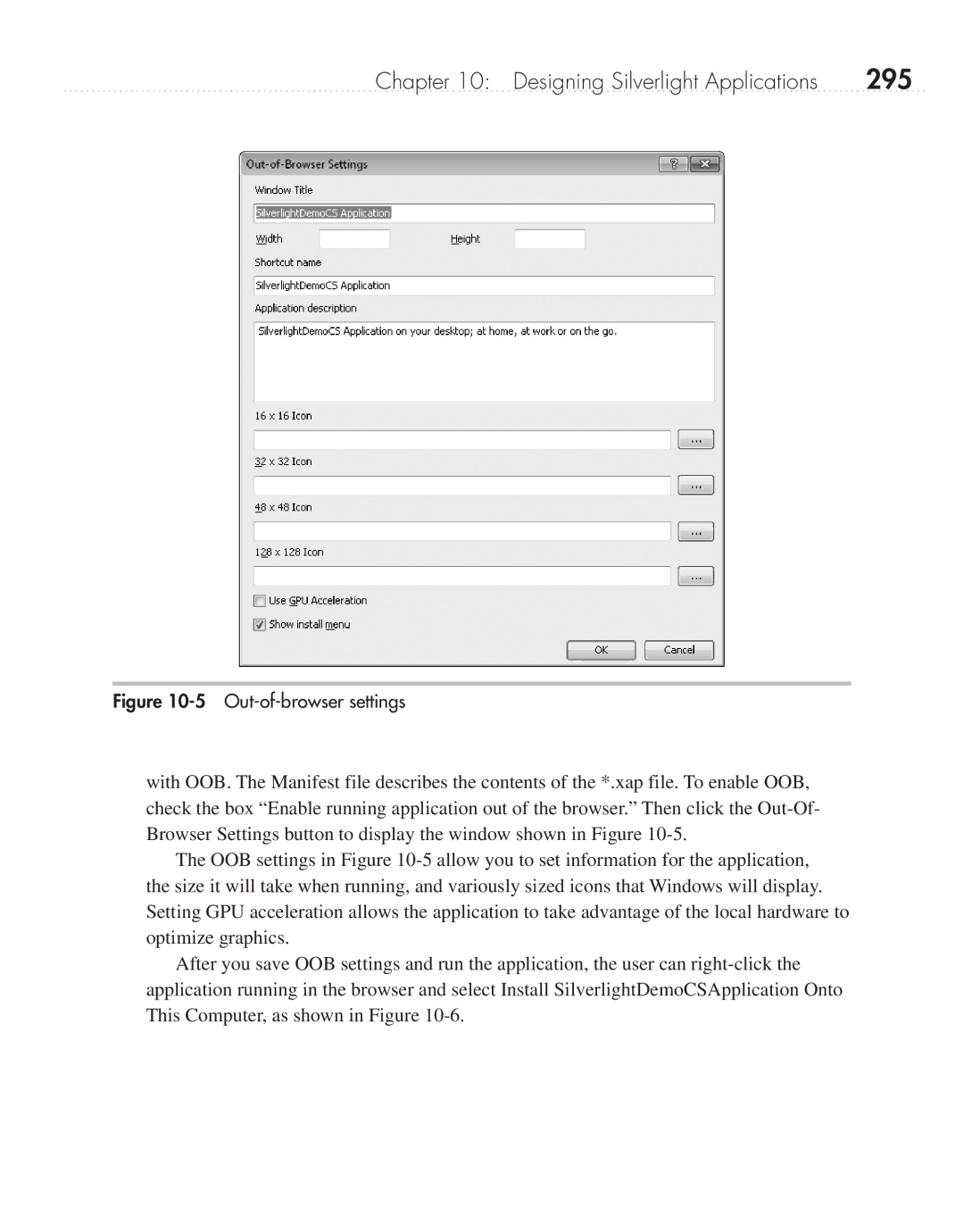 Microsoft 9GD00001 manual 295, Out-of-browser settings 