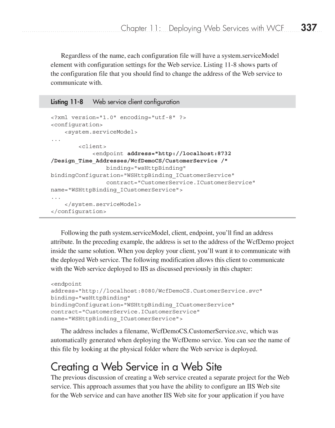 Microsoft 9GD00001 manual Creating a Web Service in a Web Site, 337, Listing 11-8 Web service client configuration 