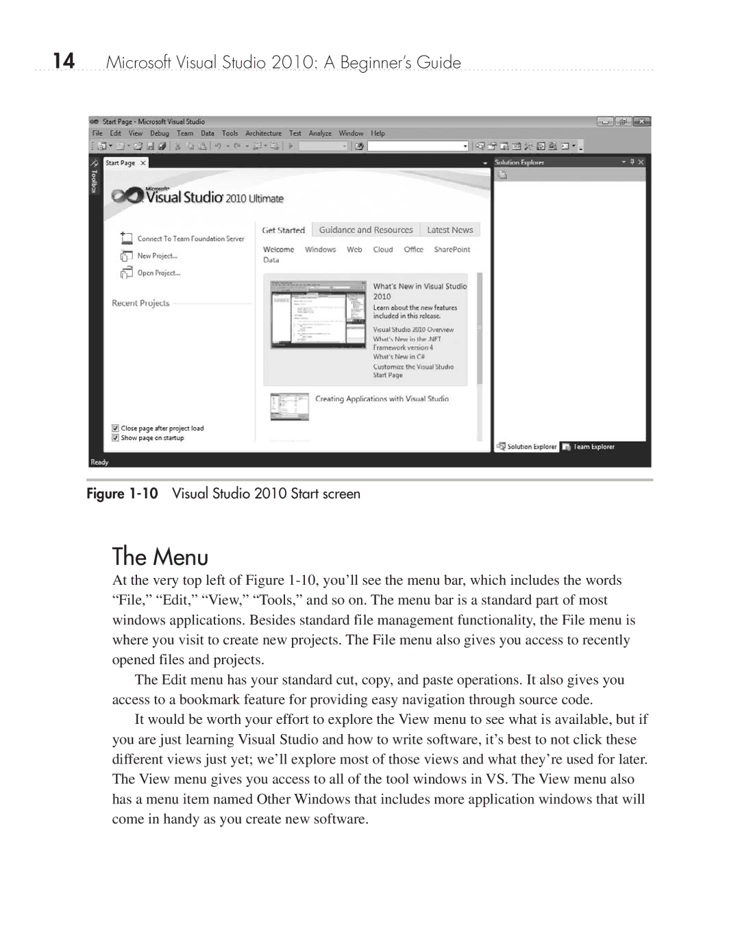 Microsoft 9GD00001 manual Menu, Visual Studio 2010 Start screen 