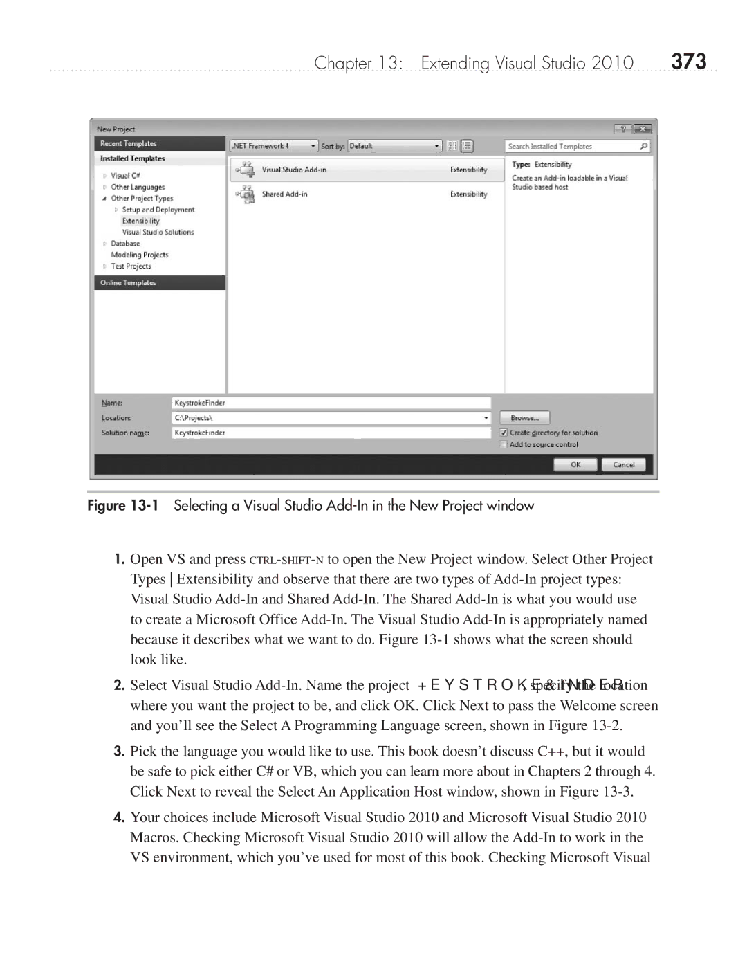 Microsoft 9GD00001 manual 373, Selecting a Visual Studio Add-In in the New Project window 