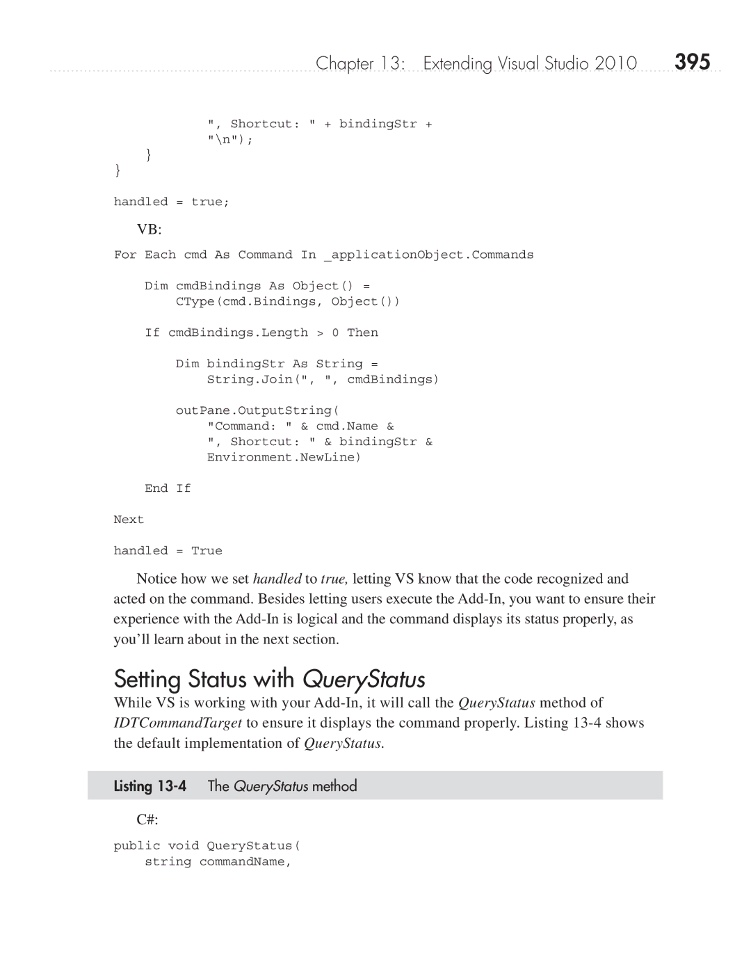 Microsoft 9GD00001 manual Setting Status with QueryStatus, 395, Listing 13-4 The QueryStatus method 