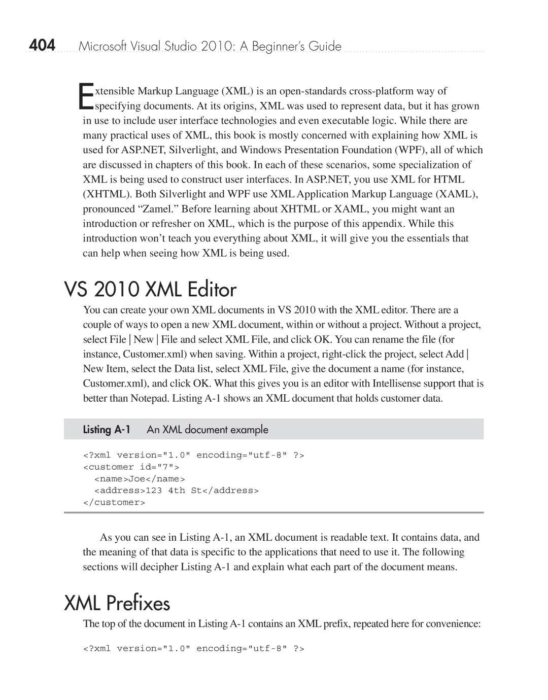 Microsoft 9GD00001 manual VS 2010 XML Editor, XML Prefixes, Listing A-1 An XML document example 