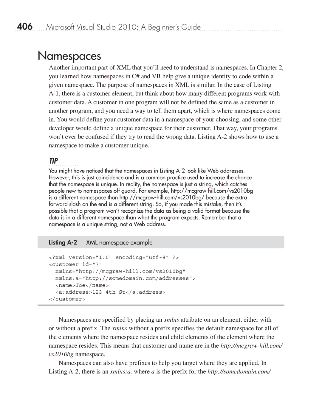 Microsoft 9GD00001 manual Namespaces, Listing A-2 XML namespace example 