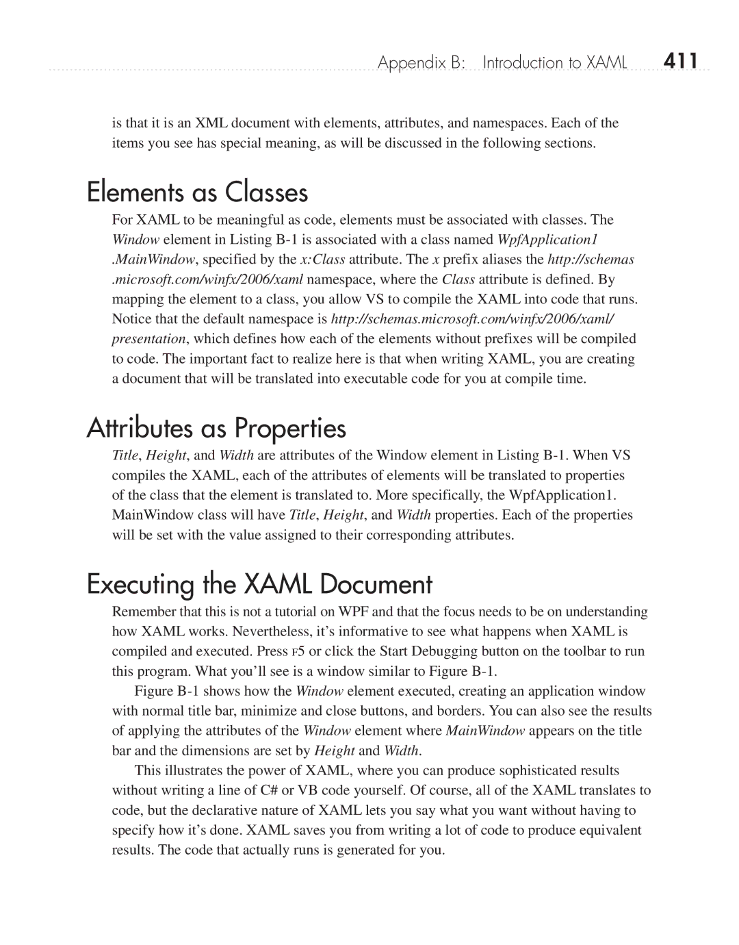 Microsoft 9GD00001 manual Elements as Classes, Attributes as Properties, Executing the Xaml Document, 411 