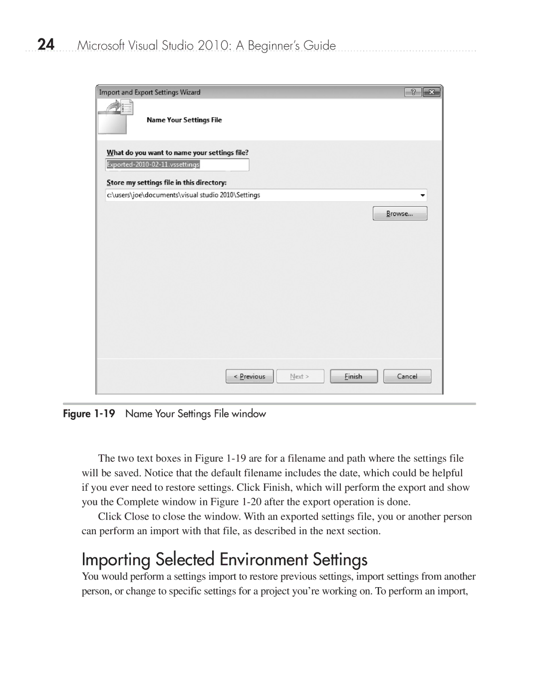 Microsoft 9GD00001 manual Importing Selected Environment Settings, Name Your Settings File window 