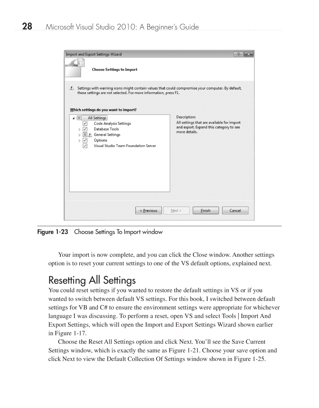 Microsoft 9GD00001 manual Resetting All Settings, Choose Settings To Import window 