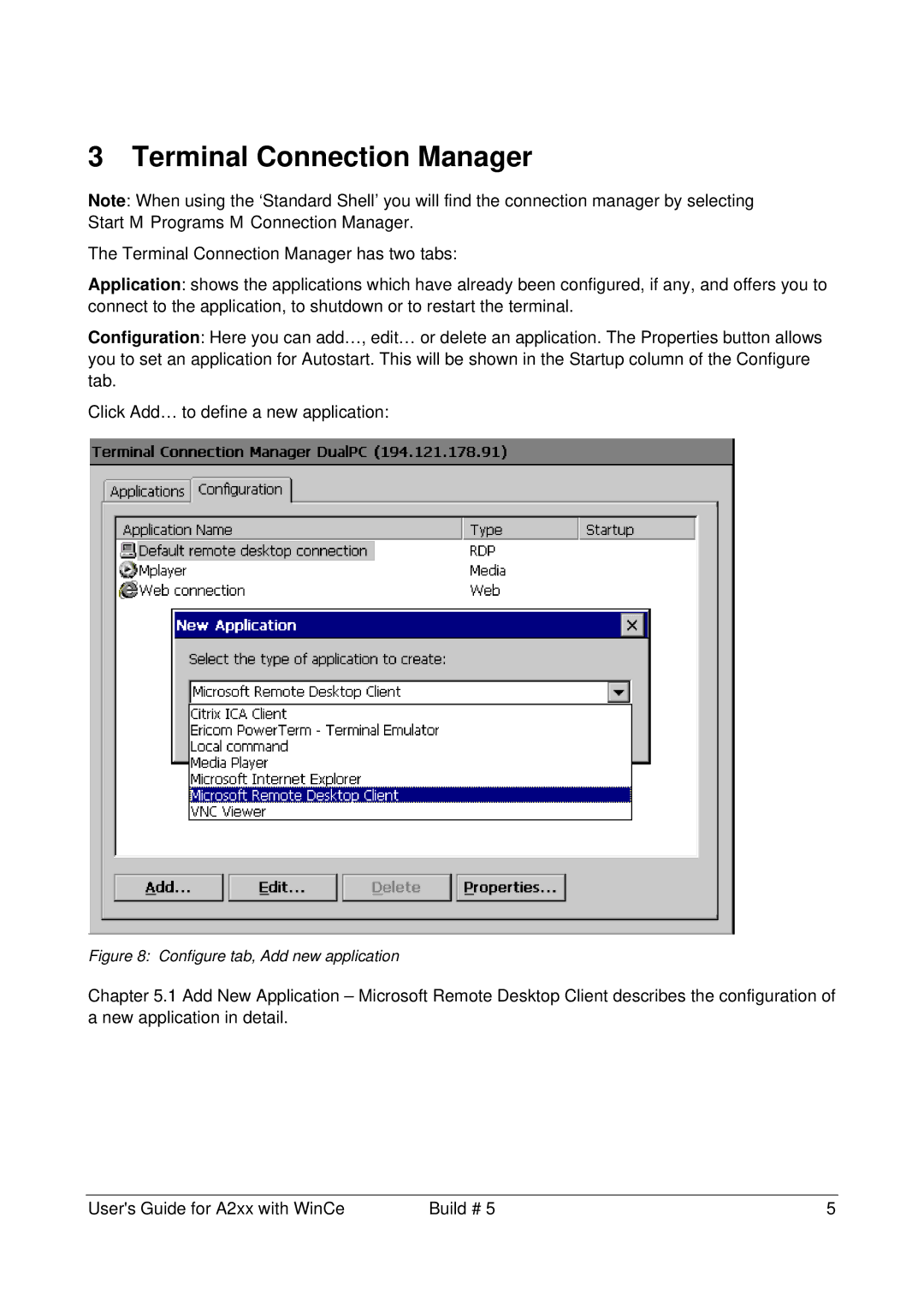 Microsoft A2xx manual Terminal Connection Manager, Configure tab, Add new application 