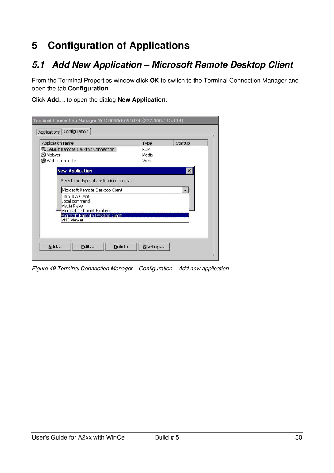 Microsoft A2xx manual Configuration of Applications, Add New Application Microsoft Remote Desktop Client 