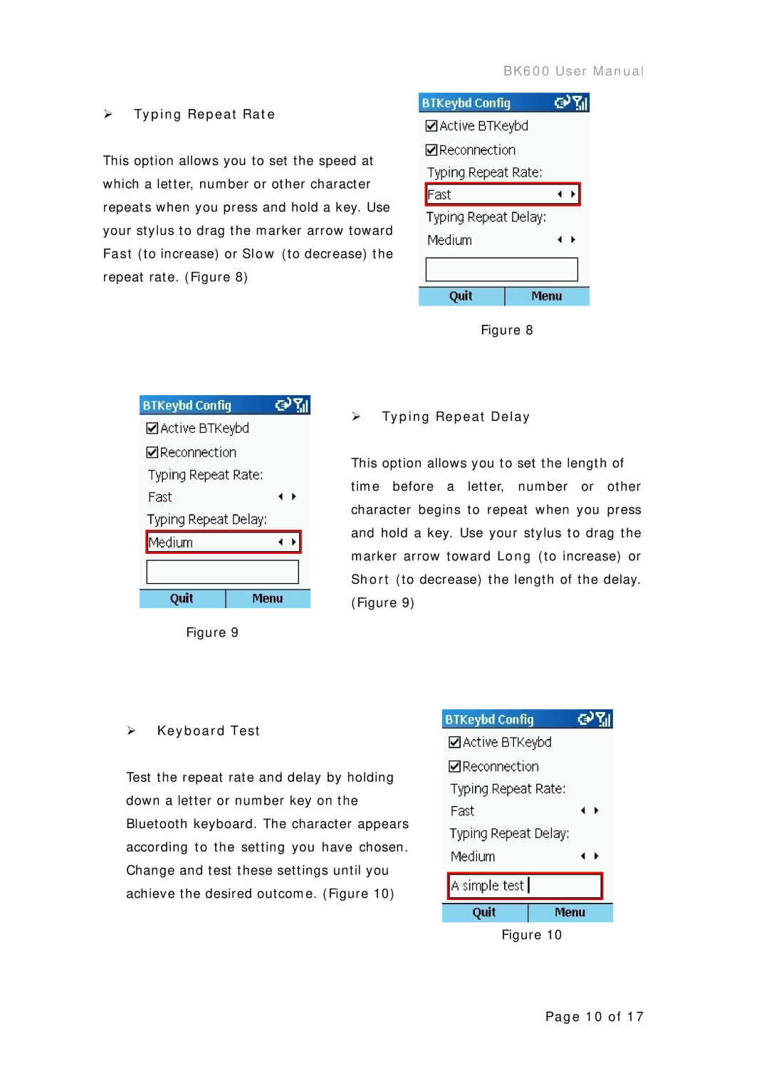 Microsoft BK600 user manual ¾ Typing Repeat Rate, ¾ Typing Repeat Delay, ¾ Keyboard Test 