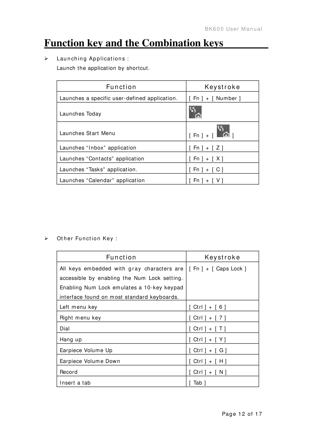 Microsoft BK600 Function key and the Combination keys, Function Keystroke, ¾ Launching Applications, ¾ Other Function Key 