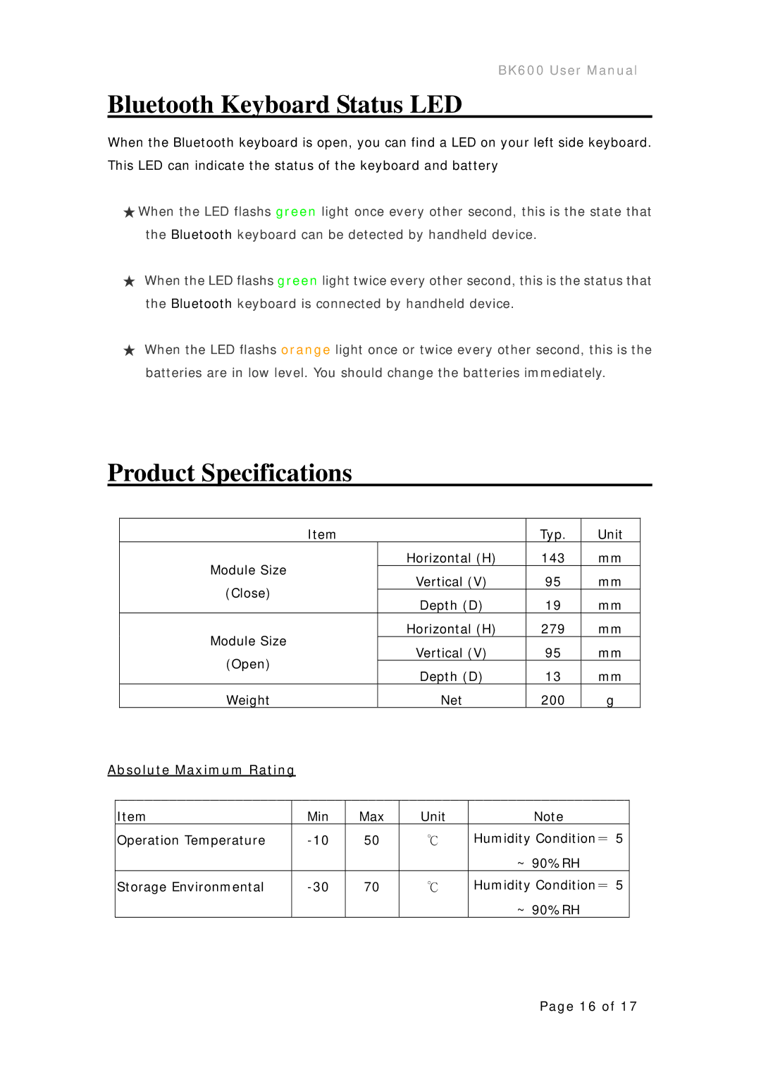 Microsoft BK600 user manual Bluetooth Keyboard Status LED, Product Specifications, Absolute Maximum Rating 