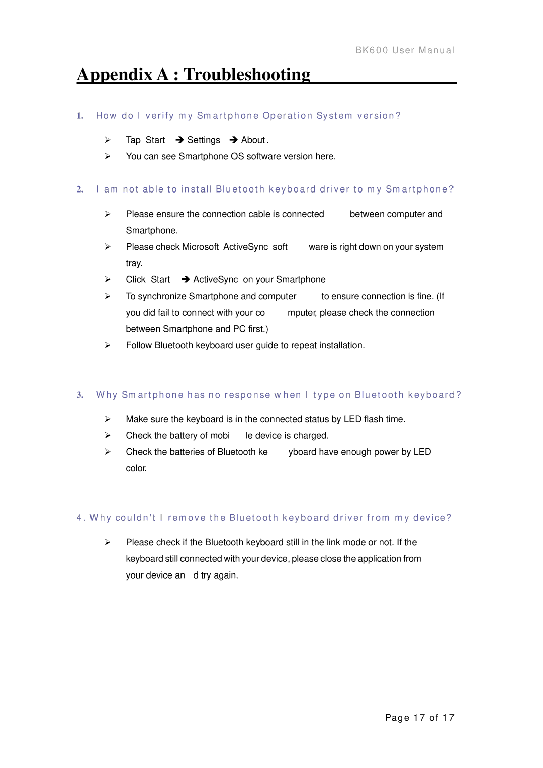 Microsoft BK600 user manual Appendix a Troubleshooting 