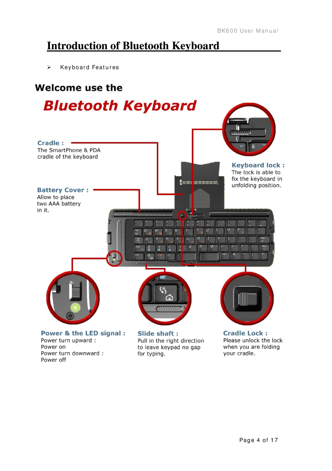 Microsoft BK600 user manual Introduction of Bluetooth Keyboard, ¾ Keyboard Features 